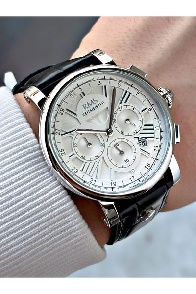 Romanson Functional Leather Cord Black-Silver Color Sapphire Glass Steel Case Men Wrist Watch 1134.03Mr