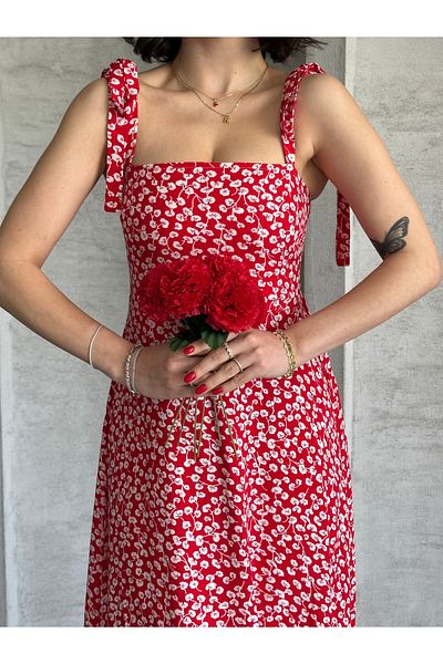 REELMODA Women's Red Wide Strap Shoulder Tie Tight Fit Cotton Dress