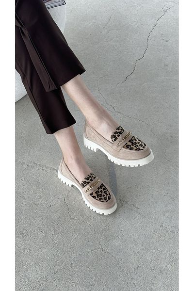 Letafia Μπεζ Bej Leopar Desenli Loafer