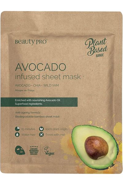 BEAUTYPRO Avocado Infused Sheet Mask - Avocado, Chia, Wild Yam. Plant Based & Vegan