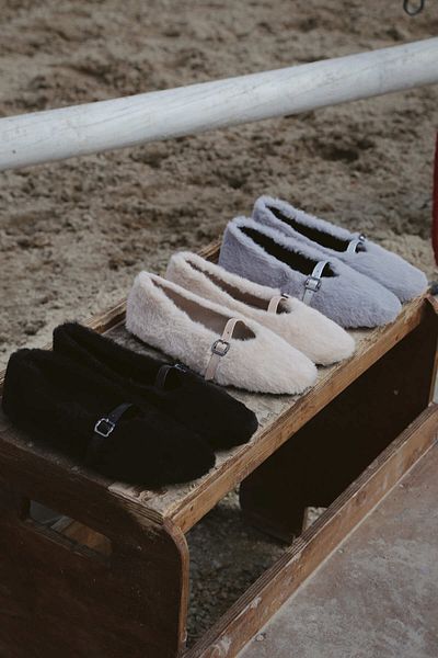 Letafia Lion Gray Furry Belt Detailed Flat Sole Women's Ballerinas