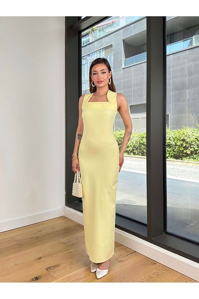 Afiş Butik Yellow Zero Sleeve Slit Long Dress