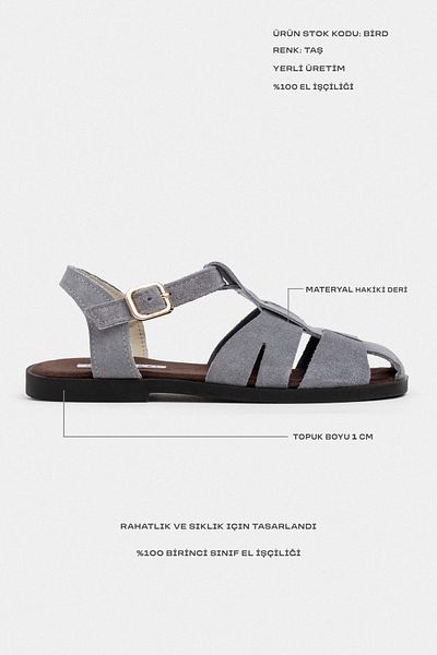 NİŞANTAŞI SHOES Bird Stone Suede Sandale de damă din piele naturală cu cataramă cu talpă plată