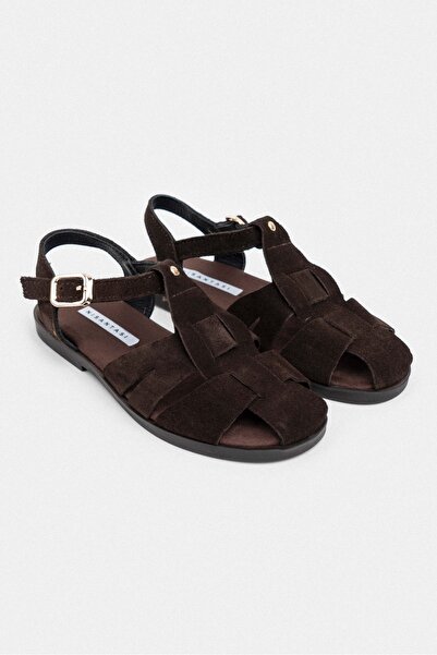 NİŞANTAŞI SHOES Bird Brown Suede Genuine Leather Buckle Detail Flat Sole Women's Sandals