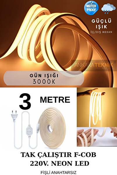 ankarateknik 220 Volt Cob Neon Led Günışığı (3000K) | F-cob Led | Yüksek Lümen | Dış-iç Mekan | 3 Metre