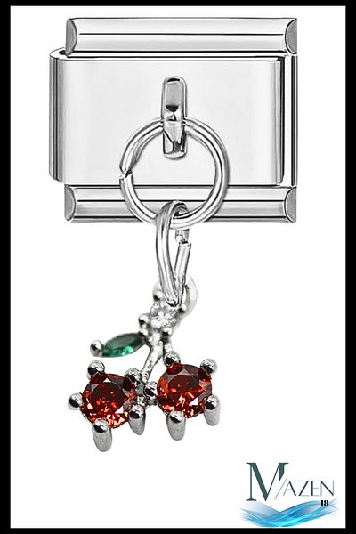 MAZEN Red Cherry Steel Charm with Dangle - Italian Bracelet Compatible