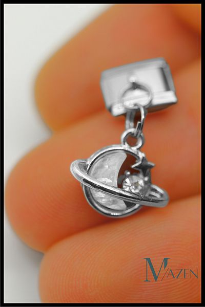 MAZEN Charm with Hanging Steel Moon and Planet Figure - Italian Bracelet Compatible