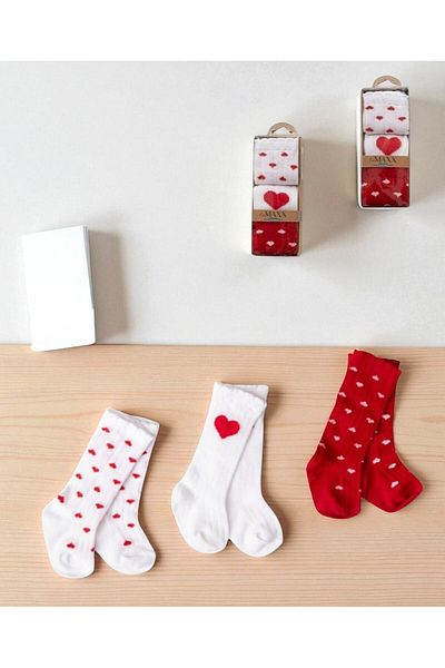 LOVE MAXX Baby Girl Red Heart 3-Piece Knee-High Socks, Cotton