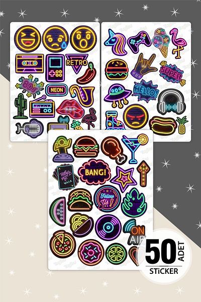TUGİBU Neon Sticker Set, 50 Pieces Neon Stickers, Neon Themed Retro Stickers
