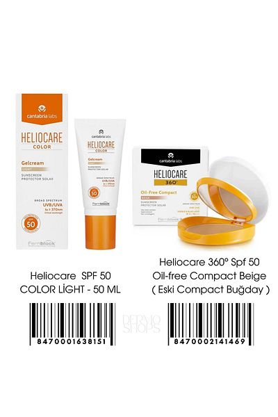 Heliocare Spf 50 Oil Free Compact 10 Gr Light (New Series 360 Beige) & Color Light Spf 50 Sunscreen 50 ml