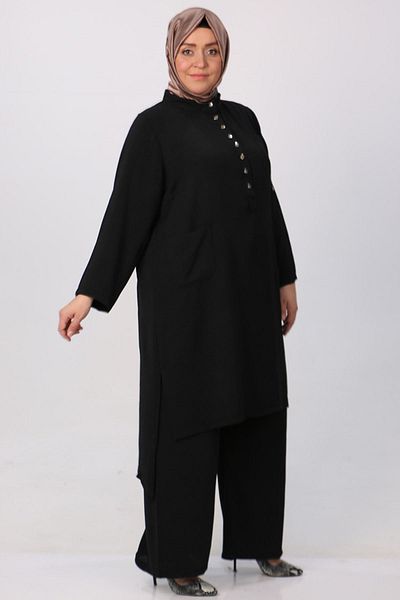 Moda Rosa 23Y37006 - Black - Large Size Airobin Suit with Pocket Trousers