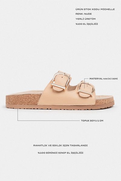 NİŞANTAŞI SHOES Γυναικείες παντόφλες Michelle Nude από γνήσιο δέρμα ματ επίπεδη σόλα με λεπτομέρεια διπλής πόρπης