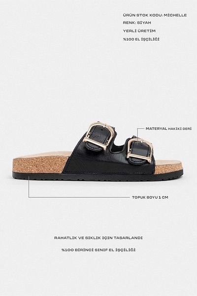NİŞANTAŞI SHOES Michelle Black Genuine Leather Matte Flat Sole Detail Double Buckle Women's Slippers