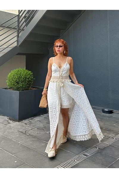 Bak'ap Preum Design Imported Lace Tassel Embroidery Detailed Festival Bohemian Shorts Jumpsuit 3 Piece Set