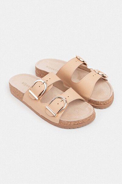 NİŞANTAŞI SHOES Michelle Nude Genuine Leather Matte Flat Sole Detail Double Buckle Women's Slippers