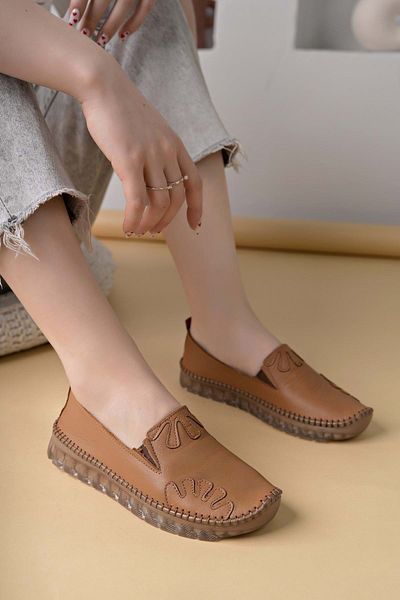Kocamanlar Ayakkabı Ayakdaş Saraç Detailed Genuine Leather Women's Ballerina Shoes Taba