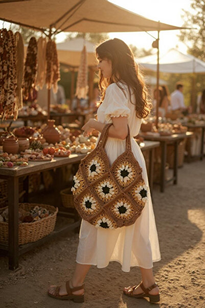 Zuviel Deco Handmade 40x45 El Örgüsü Motifli Bohem Hasır Çanta, Plaj Çantası,...