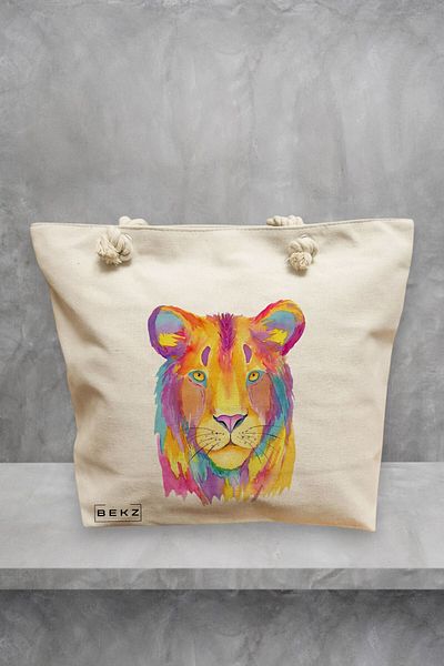 BEKZ Geanta de plaja, model Watercolor Lion, 40x51 cm, Crem, BEKZ®