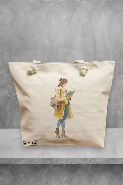 BEKZ Geanta de plaja, model The bookie girl 26, 40x51 cm, Crem, BEKZ®