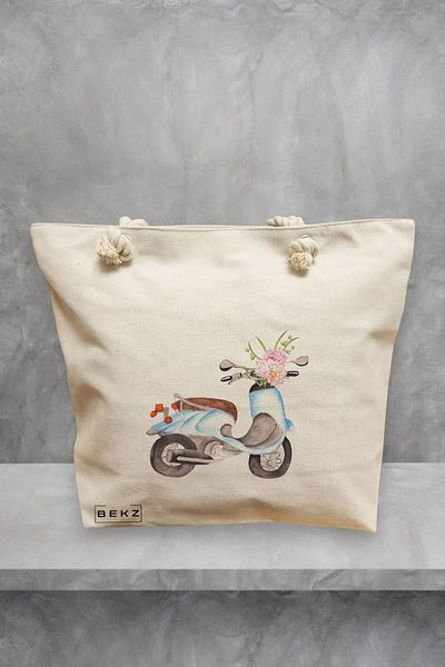 BEKZ Geanta de plaja, model Floral Bike, 40x51 cm, Crem, BEKZ®