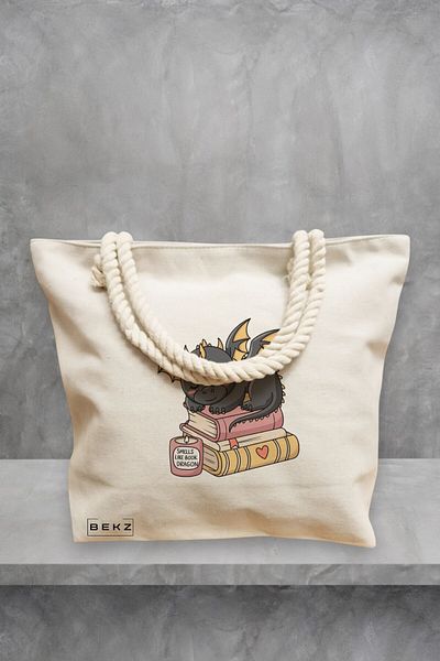 BEKZ Geanta de plaja, model Smells like book dragon, 40x51 cm, Crem, BEKZ®