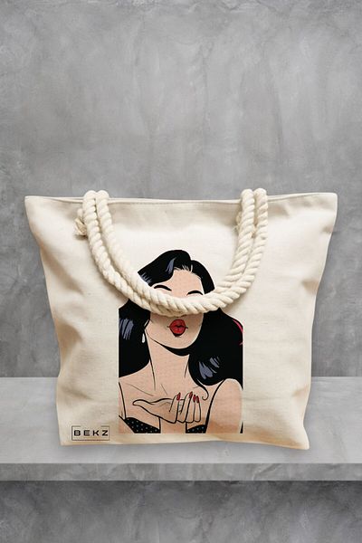 BEKZ Geanta de plaja, model Stylish Girl, 40x51 cm, Crem, BEKZ®