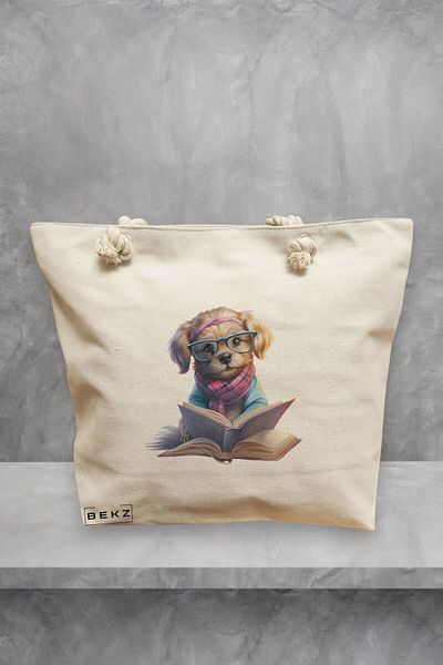 BEKZ Geanta de plaja, model Reading puppy 31, 40x51 cm, Crem, BEKZ®