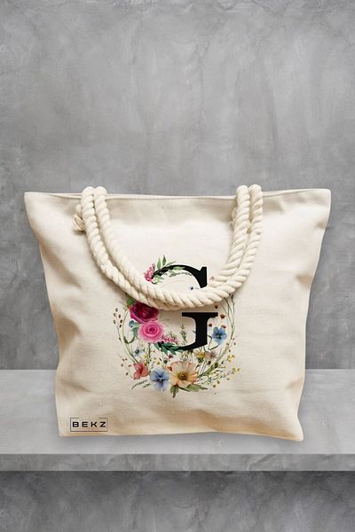 BEKZ Geanta de plaja, Cu litera G in Coronita Florala, 40x51 cm, Crem, BEKZ®
