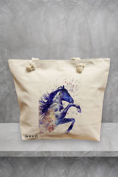 BEKZ Geanta de plaja, model Watercolor Horse, 40x51 cm, Crem, BEKZ®