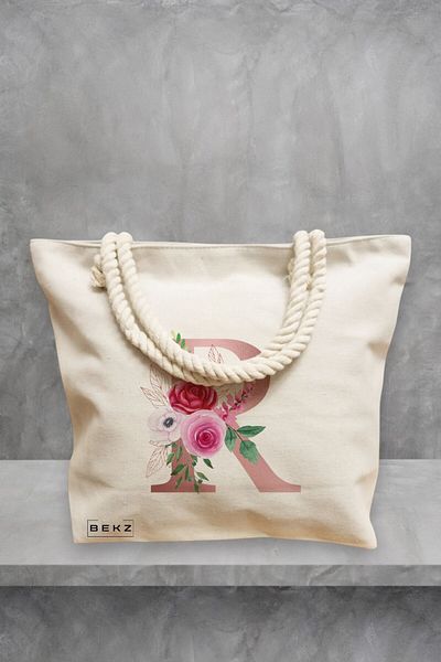BEKZ Geanta de plaja, Cu litera R Rose Gold si Trandafiri, 40x51 cm, Crem, BEKZ®