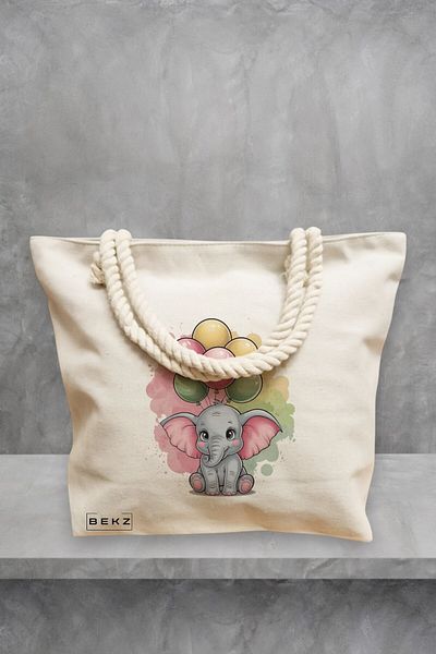 BEKZ Geanta de plaja, model Colorful Baby Elephant, 40x51 cm, Crem, BEKZ®