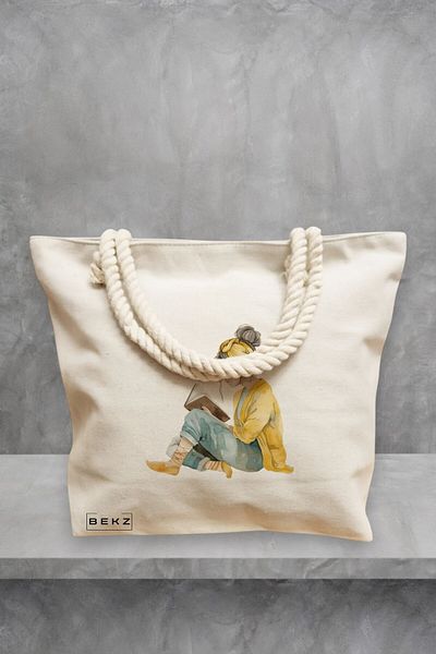 BEKZ Geanta de plaja, model The bookie girl 35, 40x51 cm, Crem, BEKZ®