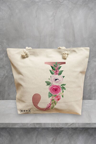 BEKZ Geanta de plaja, Cu litera J Rose Gold si Trandafiri, 40x51 cm, Crem, BEKZ®