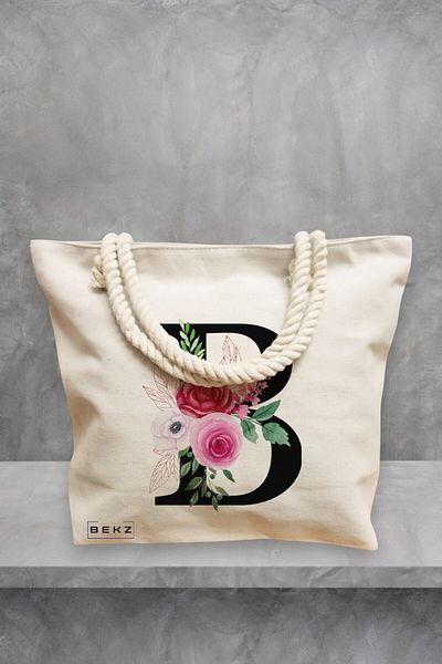 BEKZ Geanta de plaja, Cu litera B si Trandafiri, 40x51 cm, Crem, BEKZ®