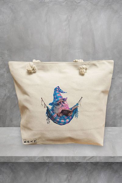 BEKZ Geanta de plaja, model The Bookish Gnome 11, 40x51 cm, Crem, BEKZ®