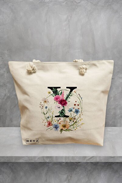 BEKZ Geanta de plaja, Cu litera Y in Coronita Florala, 40x51 cm, Crem, BEKZ®