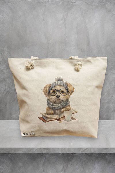 BEKZ Geanta de plaja, model Reading puppy 3, 40x51 cm, Crem, BEKZ®