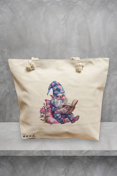BEKZ Geanta de plaja, model The Bookish Gnome 10, 40x51 cm, Crem, BEKZ®