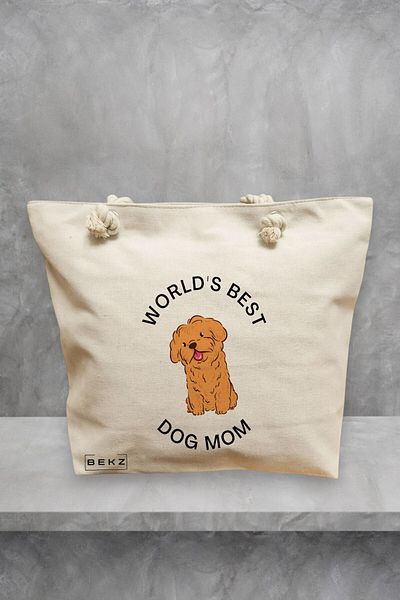 BEKZ Geanta de plaja, model World’s best dog mom, 40x51 cm, Crem, BEKZ®