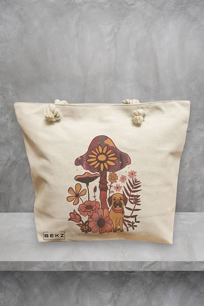 BEKZ Geanta de plaja Colorful Mushrooms 6, 40x51 cm, Crem, BEKZ®