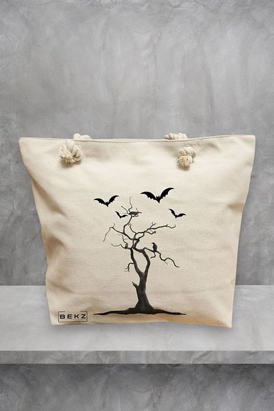 BEKZ Geanta de plaja, model The Haunted Tree, 40x51 cm, Crem, BEKZ®