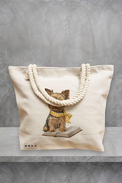 BEKZ Geanta de plaja, model Reading puppy 18, 40x51 cm, Crem, BEKZ®
