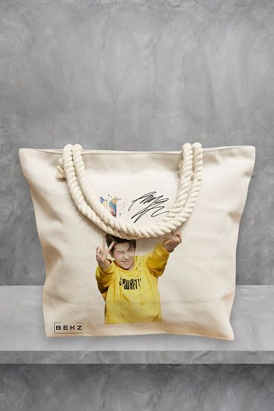 BEKZ Geanta de plaja, model BTS RM cu semnatura, 40x51 cm, Crem, BEKZ®