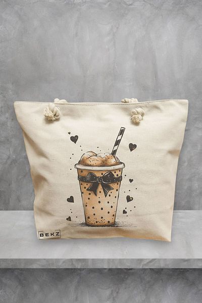 BEKZ Geanta de plaja, model Caffeine lover 2, 40x51 cm, Crem, BEKZ®