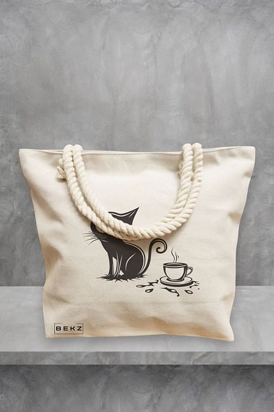 BEKZ Geanta de plaja, model Purrfectly Brewed, 40x51 cm, Crem, BEKZ®