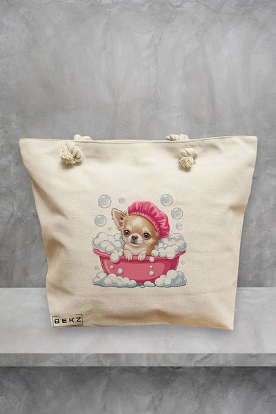 BEKZ Geanta de plaja, model Funny Puppy bathing, 40x51 cm, Crem, BEKZ®
