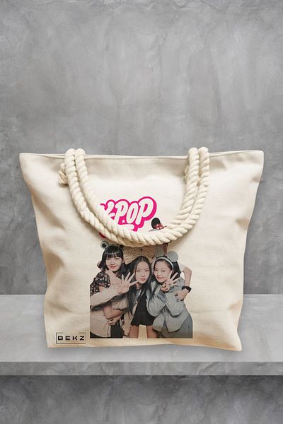 BEKZ Geanta de plaja, model Blackpink k-pop, 40x51 cm, Crem, BEKZ®