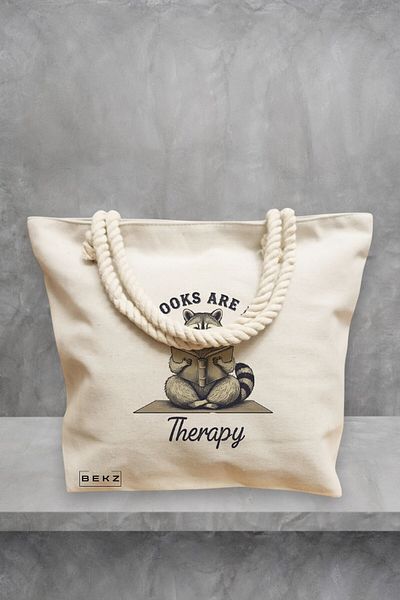 BEKZ Geanta de plaja, model Books are my therapy 2, 40x51 cm, Crem, BEKZ®