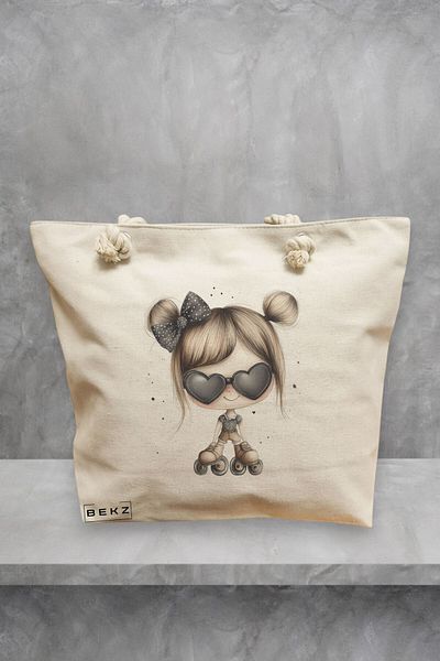 BEKZ Geanta de plaja, model The rolling girl, 40x51 cm, Crem, BEKZ®