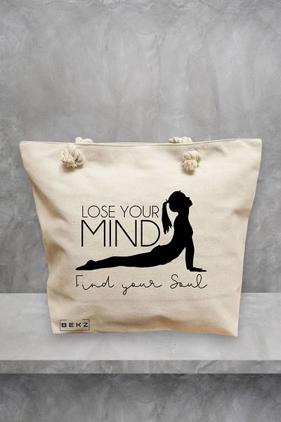 BEKZ Geanta de plaja Yoga Lose your mind Find your soul, 40x51 cm, Crem, BEKZ®